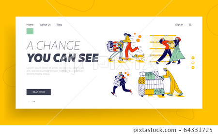 Doomsday Panic and Coronavirus Pandemic Chaos Landing Page Template. Characters Crazily Buying Goods and Toilet Paper from Supermarket Shelves, Covid-19 Outbreak. Linear People Vector Illustration 64331725
