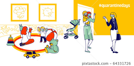 Babysitter and Nanny Occupation at Quarantine due to Covid 19 Concept. Nursery Characters in Masks Playing with Children, Care of Newborn Toddlers. Work with Infant Babies. Linear Vector Illustration 64331726