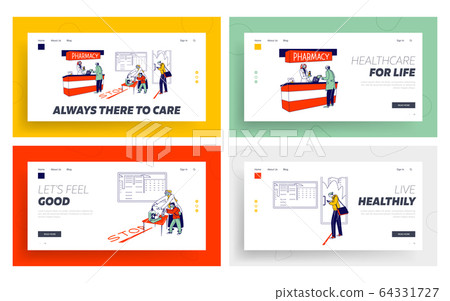 People Visiting Pharmacy during Coronavirus Pandemic Landing Page Template Set . Characters Cover Hands with Antibacterial Gel, Buying Medicine at Cashier, Global Epidemic. Linear Vector Illustration 64331727