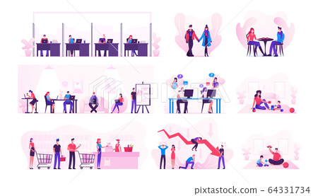 Set of Characters Wearing Medical Masks Business and Every Day Routine during Covid19 Quarantine and Self Isolation. People Work in Office, Spend Time with Family and Kids. Cartoon Vector Illustration 64331734