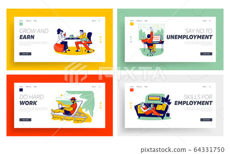 Freelance Self-employed Occupation Landing Page Template Set. Relaxed Freelancers Characters Work Distant on Laptop and Pc from Home, Resort Beach, Remote Workplace. Linear Vector People Illustration 64331750