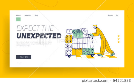 Pandemic Chaos, Global due to Panic Covid 19 Landing Page Template. Store Worker Character in Protective Costume Push Trolley with Packs of Toilet Paper in Supermarket. Linear Vector Illustration 64331888