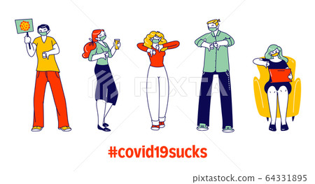 Unhappy Characters in Masks Stand in Row Show Thumbs Down with Coronavirus Banners, Negative Sign Gesture. Dislike, Disagree, Disappointment, Covid 19 Sucks Concept. Linear Vector People Illustration Unhappy Characters in Masks Stand in Row Show Thumbs Down with Coronavirus Banners, Negative Sign Gesture. Dislike, Disagree, Disappointment, Covid 19 Sucks Concept. Linear Vector People Illustration 64331895