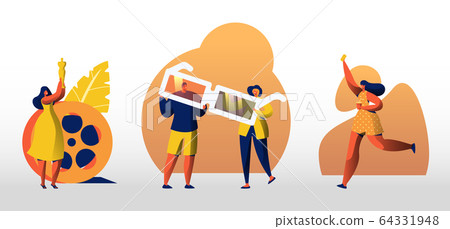 Set of Characters with Cinema and Movie Equipment 3d Glasses, Oscar Award, Ticket and Coffee Cup. Cinematography Festival, Filming Event or Film Entertainment. Cartoon Vector People Illustration