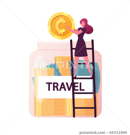 Tiny Female Character Stand on Ladder Put Huge Golden Coin into Glass Jar fro Future Travel. Woman Saving Money fro Summer Vacation or Holidays Sparetime, Trip Budget. Cartoon Vector Illustration Tiny Female Character Stand on Ladder Put Huge Golden Coin into Glass Jar fro Future Travel. Woman Saving Money fro Summer Vacation or Holidays Sparetime, Trip Budget. Cartoon Vector Illustration 64331994