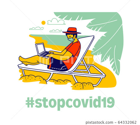 Relaxed Freelancer Character in Medical Mask Sitting on Daybed under Palm Trees on Exotic Tropical Beach Working on Laptop. Freelance or Distant Work Employee at Quarantine. Linear Vector Illustration 64332062