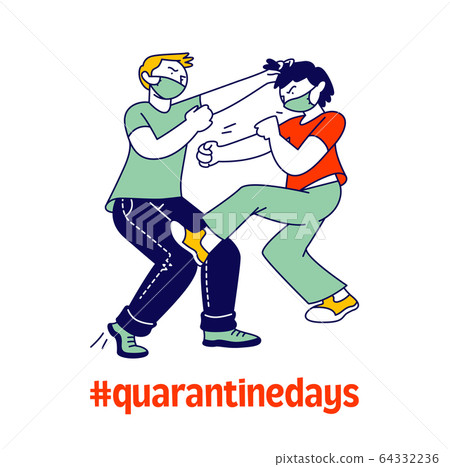 Naughty Hyperactive Children Characters Fighting, Couple of Little Boys in Masks Playing and Making Mess. Little Kids Fooling and Fight Around at Covid 19 Quarantine. Linear Vector People Illustration 64332236