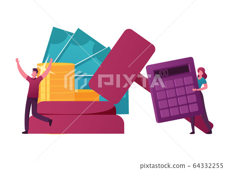 People Buying Assets or Real Estate on Auction Concept. Tiny Male Female Characters near Huge Gavel, Auctioneer Holding Calculator with Golden Coins and Bills around. Cartoon Vector Illustration People Buying Assets or Real Estate on Auction Concept. Tiny Male Female Characters near Huge Gavel, Auctioneer Holding Calculator with Golden Coins and Bills around. Cartoon Vector Illustration 64332255