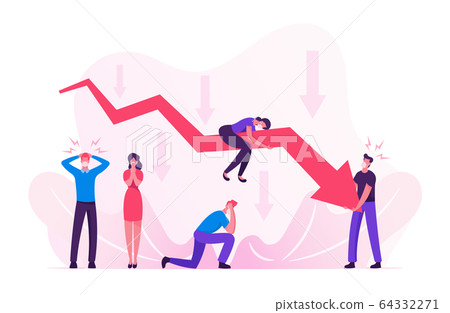 Financial Crisis, Economic Recession Fail during Covid 19 Pandemic. Sad Business People Characters in Medical Masks around Decline Red Arrow Chart, Falling Down Graph. Cartoon Vector Illustration 64332271