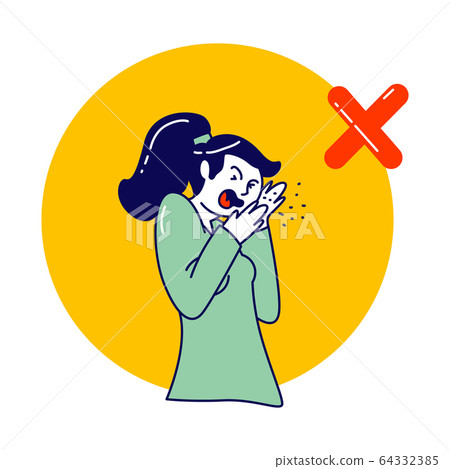 Sick Woman Character Coughing Wrong Way Spraying Saliva Around. Coronavirus or Flu Symptoms, Prevention, Medical Recommendation How to Sneeze Properly, Treatment Concept. Linear Vector Illustration Sick Woman Character Coughing Wrong Way Spraying Saliva Around. Coronavirus or Flu Symptoms, Prevention, Medical Recommendation How to Sneeze Properly, Treatment Concept. Linear Vector Illustration 64332385