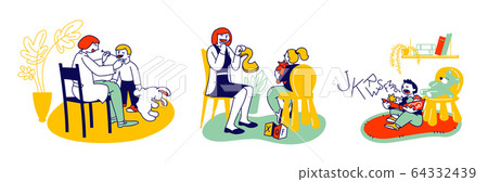 Friendly Woman Logopedist Articulating with Children during Logopedic Treatment Session and Speech Therapy 64332439