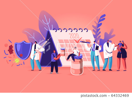 People Waiting for Vaccination Stand near Huge Calendar with 2020 Check Mark. Idea of Vaccine for Protection 64332469