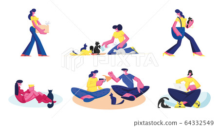 Set of People Spend Time with their Pets. Male and Female Characters Care of Cats and Dogs Isolated on White Background 64332549