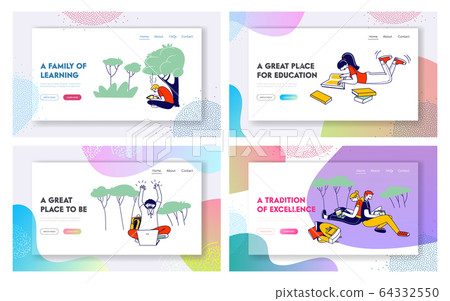 Students Studying Website Landing Page Set. Boys and Girls Reading Books and Working on Laptops at College 64332550
