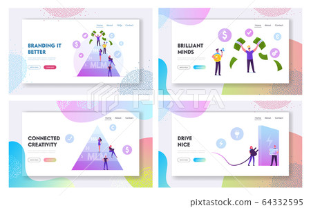 Mlm Business, Eco Transport Website Landing Page Set. Happy Man on Top Holding Money Bills. Worker with Empty Pockets 64332595