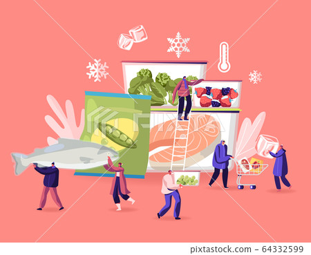 Frozen Food Concept. Tiny Male and Female Characters Buying and Cooking Natural Iced Products Fresh Vegetables 64332599