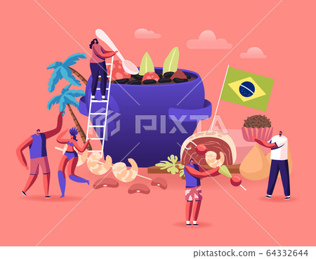 Brazilian Cuisine Concept. Tiny Male and Female Characters and Typical Brazil Dishes Feijoada Stew of Beans with Beef 64332644