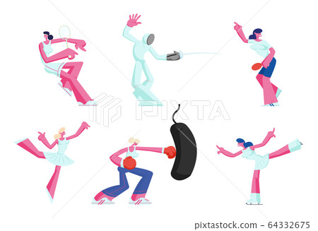 Set of Female Characters Gaining Sports Activity. Young Women Playing Tennis, Ping Pong, Fencing Tournament Set of Female Characters Gaining Sports Activity. Young Women Playing Tennis, Ping Pong, Fencing Tournament 64332675