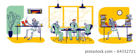 Workaholic and Overload Workers Concept. Skeletons Business Characters and Alive People Working in Office 64332721
