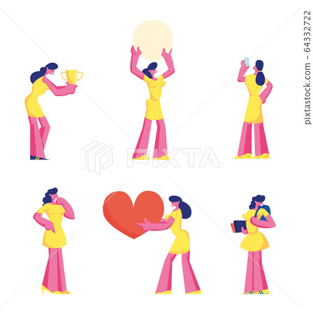 Set of Cute Girl in Yellow Dress Holding Big Heart, Celebrate Victory with Trophy, Student with Backpack and Books Set of Cute Girl in Yellow Dress Holding Big Heart, Celebrate Victory with Trophy, Student with Backpack and Books 64332722