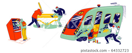 Vandalism and Anger Concept. Teenagers Characters Graffiti Painting on Metro Train, Breaking Bench in Park Vandalism and Anger Concept. Teenagers Characters Graffiti Painting on Metro Train, Breaking Bench in Park 64332723