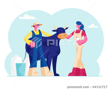 Young Milkmaid Woman and Man Farmer in Uniform Stand near Cow with Bottle and Bucket. Milk and Dairy Agriculture 64332727