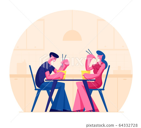 Young Happy Couple Eating Asian Food in Box Holding Sticks Sitting at Table in Japanese or Chinese Cuisine Restaurant 64332728
