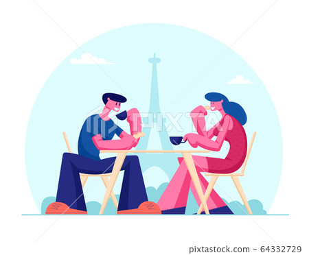 Young Couple Drinking Coffee in Outdoors Cafe in Paris with Eiffel Tower View. Hospitality Concept 64332729