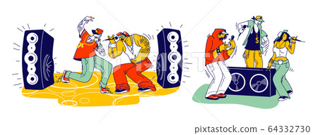 Stylish Male and Female Characters Modern Musicians Performing on Stage with Rap Music. Young Rappers Singing Hip-hop 64332730