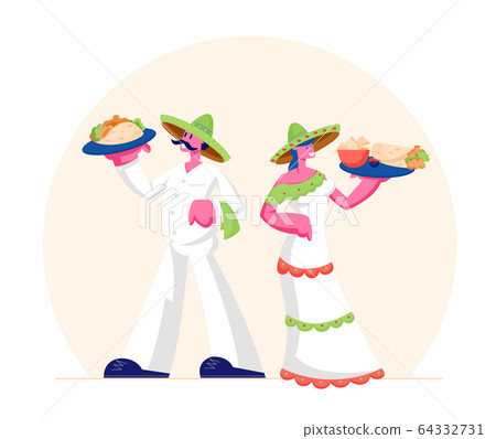 Traditional Mexican Food Concept. Man and Woman Wearing Sombrero and Latino Dress Holding Trays with Taco Traditional Mexican Food Concept. Man and Woman Wearing Sombrero and Latino Dress Holding Trays with Taco 64332731