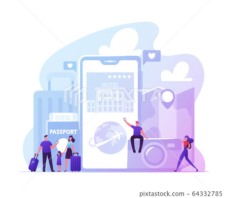 App for Tourists Concept. Happy People Go Travel Booking Tickets and Hotel Using Mobile Phone 64332785