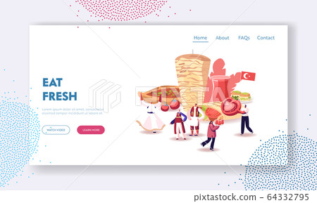 Traditional Turkish Cuisine Website Landing Page. People in National Costumes and Tourists Walk around of Huge Shawarma Traditional Turkish Cuisine Website Landing Page. People in National Costumes and Tourists Walk around of Huge Shawarma 64332795