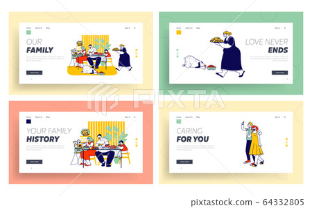 Junk Food Website Landing Page Set. Family Eating Products with High Level Fat Carbs. Mom Feeding Baby 64332805