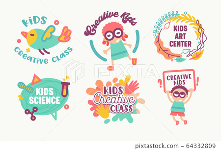 Big Icons Set Kids Art Center, Creative Class, Science Banners or Badges Isolated on White Background 64332809