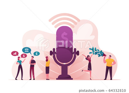 Group of People Stand near Huge Microphone with Dollar Sign Communicate and Discussing Financial Deals 64332810