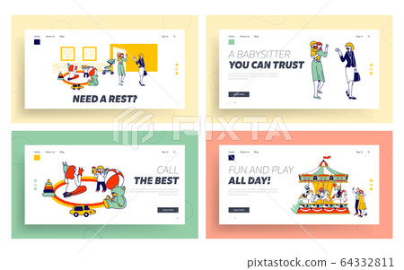 Babysitting Work with Infant Babies, Amusement Park Website Landing Page Set. Women Care of Children in Kindergarten 64332811