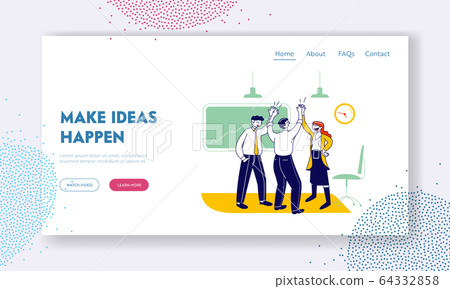 Successful Project Deal Website Landing Page. Business Colleagues Giving Highfive in Office. Victory Goal Achievement 64332858