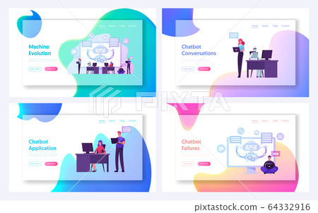 Chat Bot Service Futuristic Technologies, Automatization Landing Page Template Set. Male Female Client Characters Chat Bot Service Futuristic Technologies, Automatization Landing Page Template Set. Male Female Client Characters 64332916