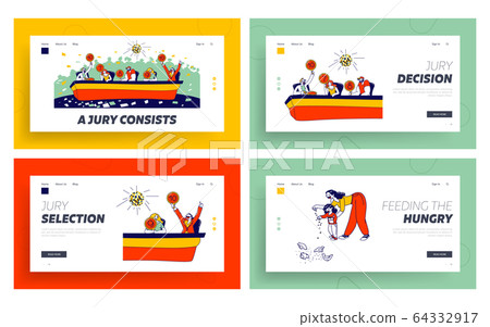 Talent Show Performance Landing Page Template Set. Competition Jury Characters Hold Tablets with Estimates Voting 64332917