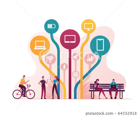 Free Internet Services and Applications Concept. Male and Female Characters Using Gadgets and Applications Free Internet Services and Applications Concept. Male and Female Characters Using Gadgets and Applications 64332918
