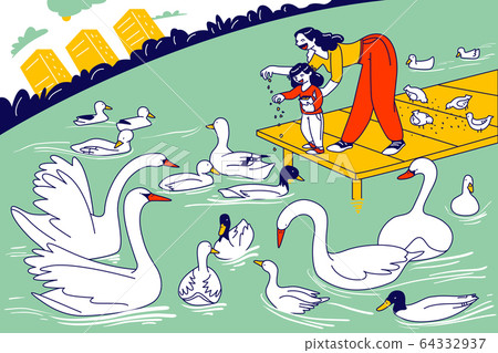 Happy Family Walking in Park. Mother and Little Child Characters Feed Ducks, Swans and Doves. Woman and Girl Weekend Happy Family Walking in Park. Mother and Little Child Characters Feed Ducks, Swans and Doves. Woman and Girl Weekend 64332937