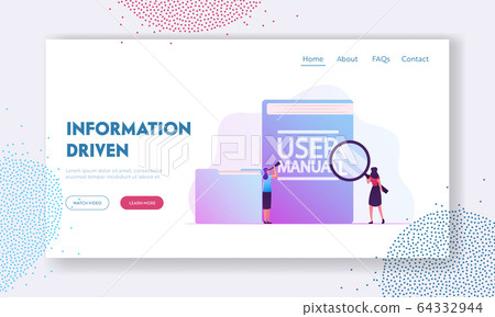 User Manual, Guide Book or Technical Instruction Website Landing Page. Tiny Girls Looking through Magnifying Glass 64332944