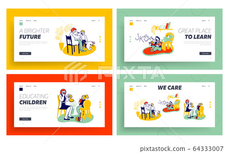 Logopedist Practicing with Kids Website Landing Page Set. Doctor Looking on Tongue of Little Baby with Dyslexia Problems 64333007