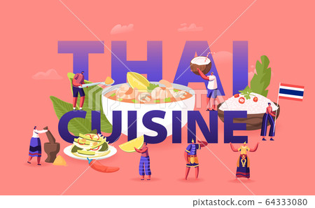 Thai Cuisine Concept. Tiny Male Female Characters Tourists and Native Dwellers Eating and Cooking 64333080