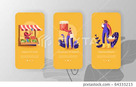 Farmer Market Mobile App Page Onboard Screen Set. Male and Female Characters Buy Fresh Healthy Tasty 64333213