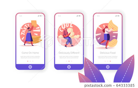 Snack and Fast Food Mobile App Page Onboard Screen Set. People Eating Potato Chips, Pop Corn and Cookies 64333385