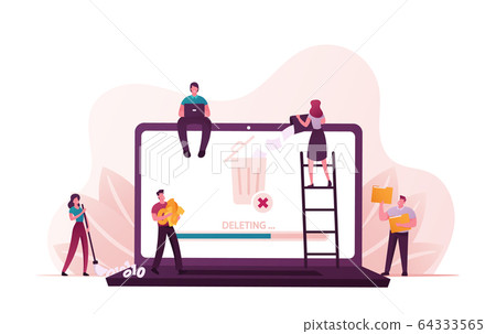 Tiny People Deleting Information Concept. Male and Female Characters around of Huge Laptop Throw Documents Tiny People Deleting Information Concept. Male and Female Characters around of Huge Laptop Throw Documents 64333565