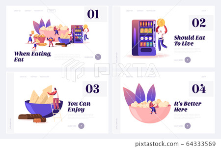Snacks and Vending Machine Production Website Landing Page Set. People Eating Food Contain Fast Carbohydrate 64333569