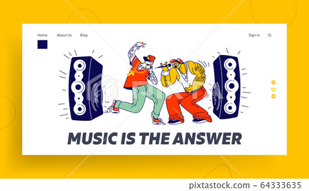 Hip-Hop Festival Performance Landing Page Template. Male Characters Singing Rap Music on Stage with Microphones 64333635