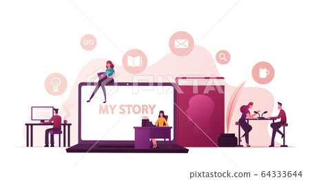 Tiny People Writing Biography front of Huge Laptop with My Story Inscription. Radio Host Interviewing Famous Person Tiny People Writing Biography front of Huge Laptop with My Story Inscription. Radio Host Interviewing Famous Person 64333644